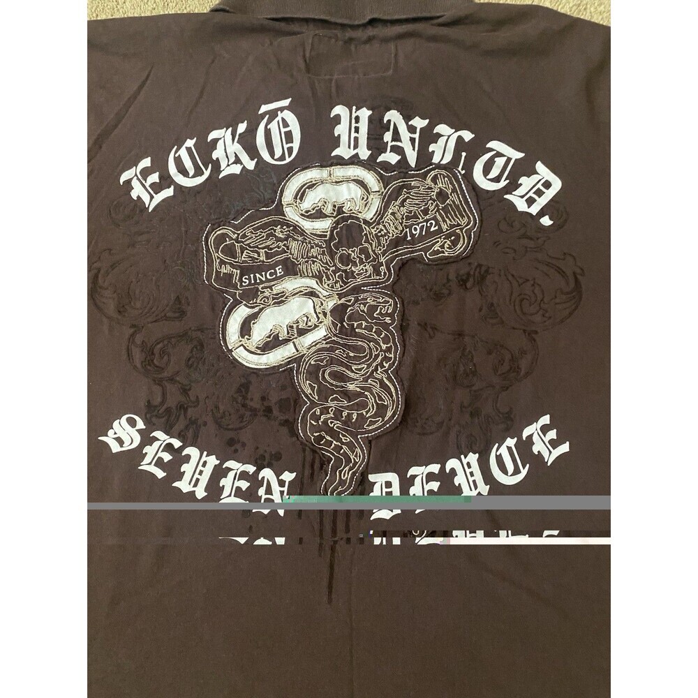 Ecko Unlimited Vintage Y2K Graphic Polo Shirt Chocolate Brown Size Large - Picture 16 of 16